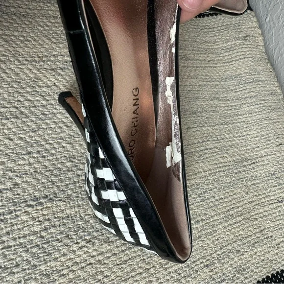 Arturo Chiang Castle Woven Leather Pump Heels in Black and White - Picture 8 of 8